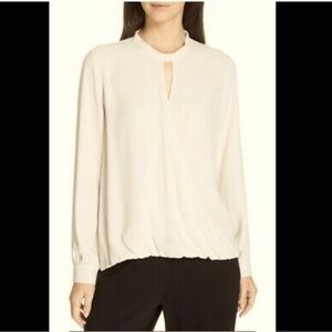 Eileen Fisher Silk V-Neck Cream Blouse Top Office Staple Buisness Long Sleeve L